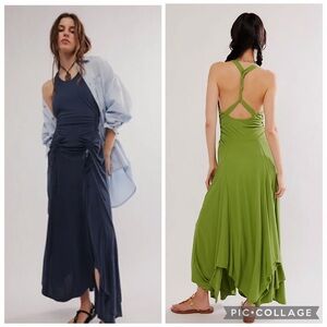 Free People Samilla Tie Razor Twist Back Midi Dress in Blue Size Large